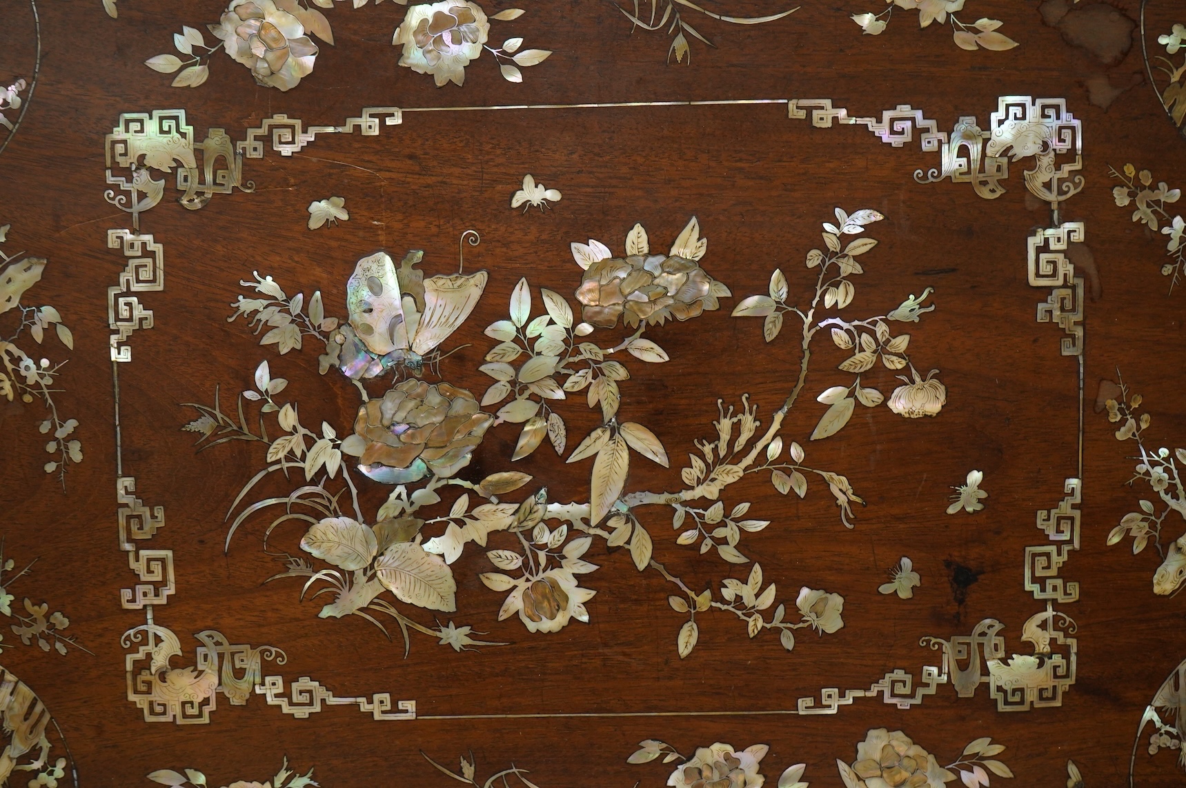 A Chinese hongmu and mother of pearl inlaid tray, 70cm wide x 48cm deep